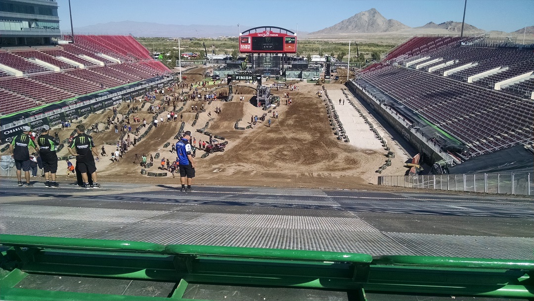 Riders face a 33-degree grade as they drop into Sam Boyd Stadium.
