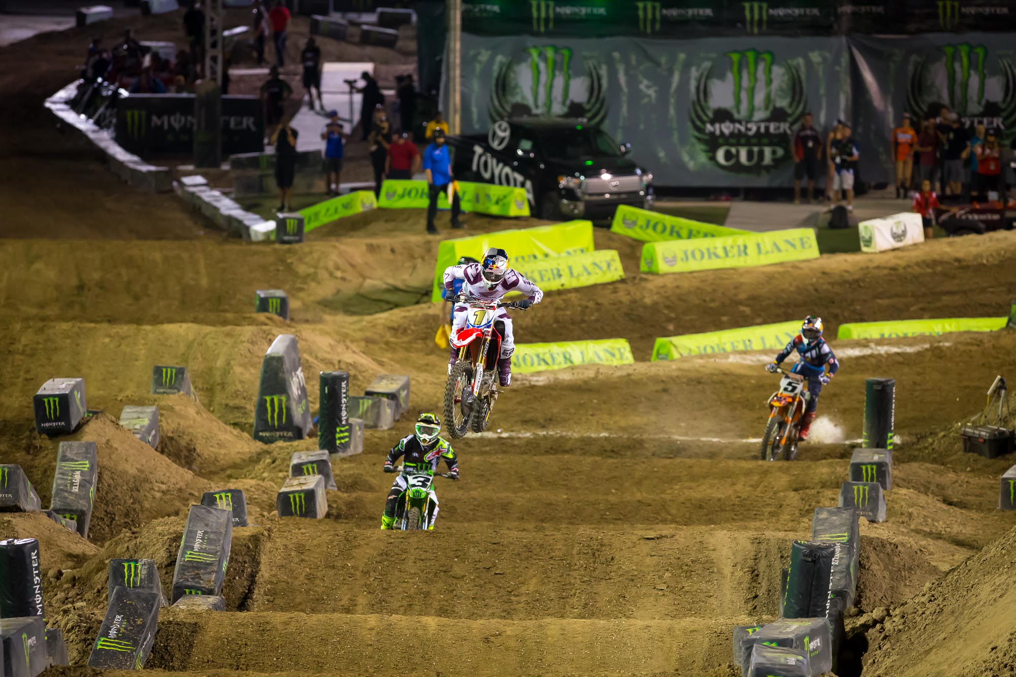 Roczen used a sneaky inside move off the start to get the holeshot in front of Tomac and Dungey.