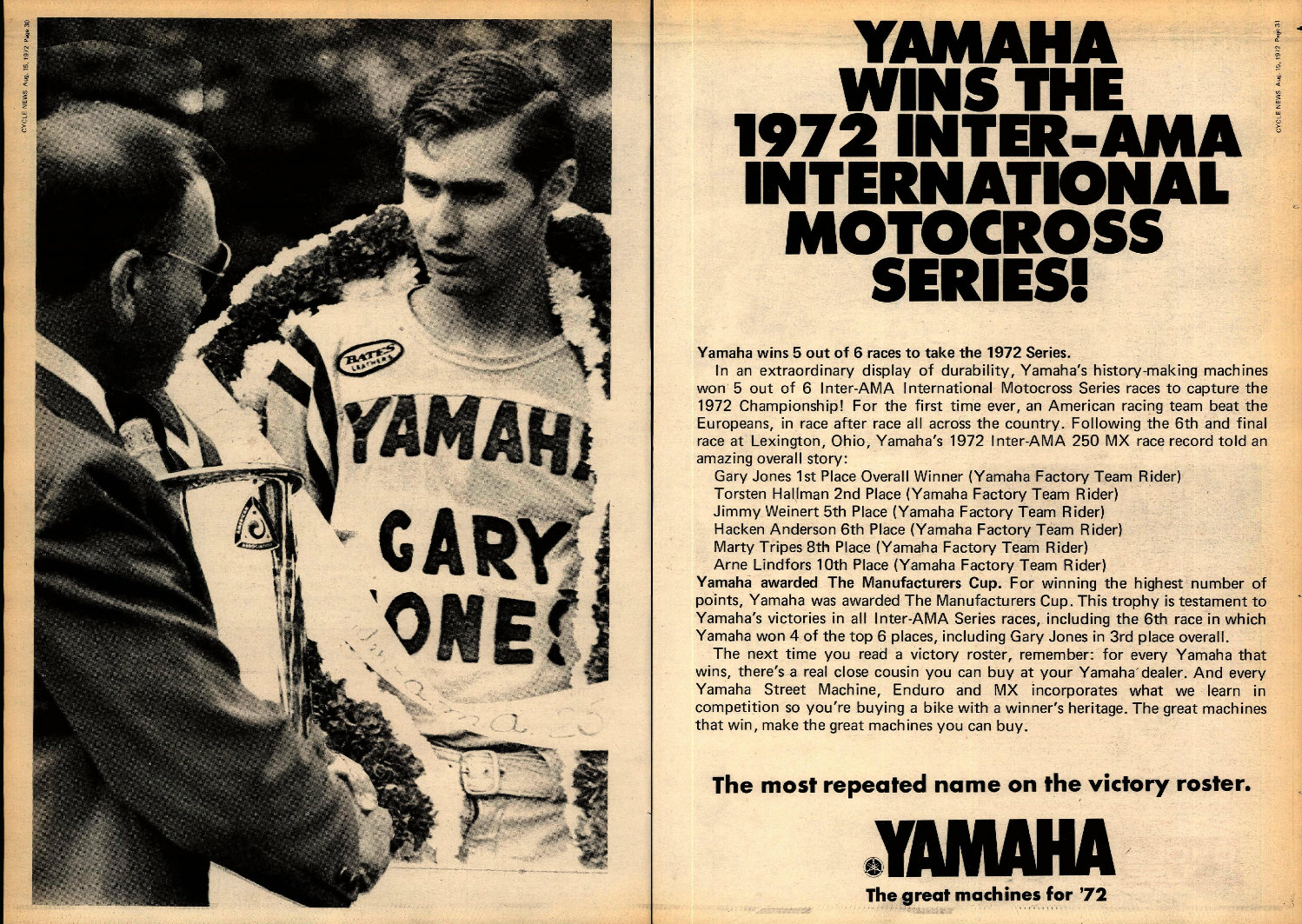 Yamaha celebrated Gary Jones' 1972 accomplishments with this win ad in Cycle News.