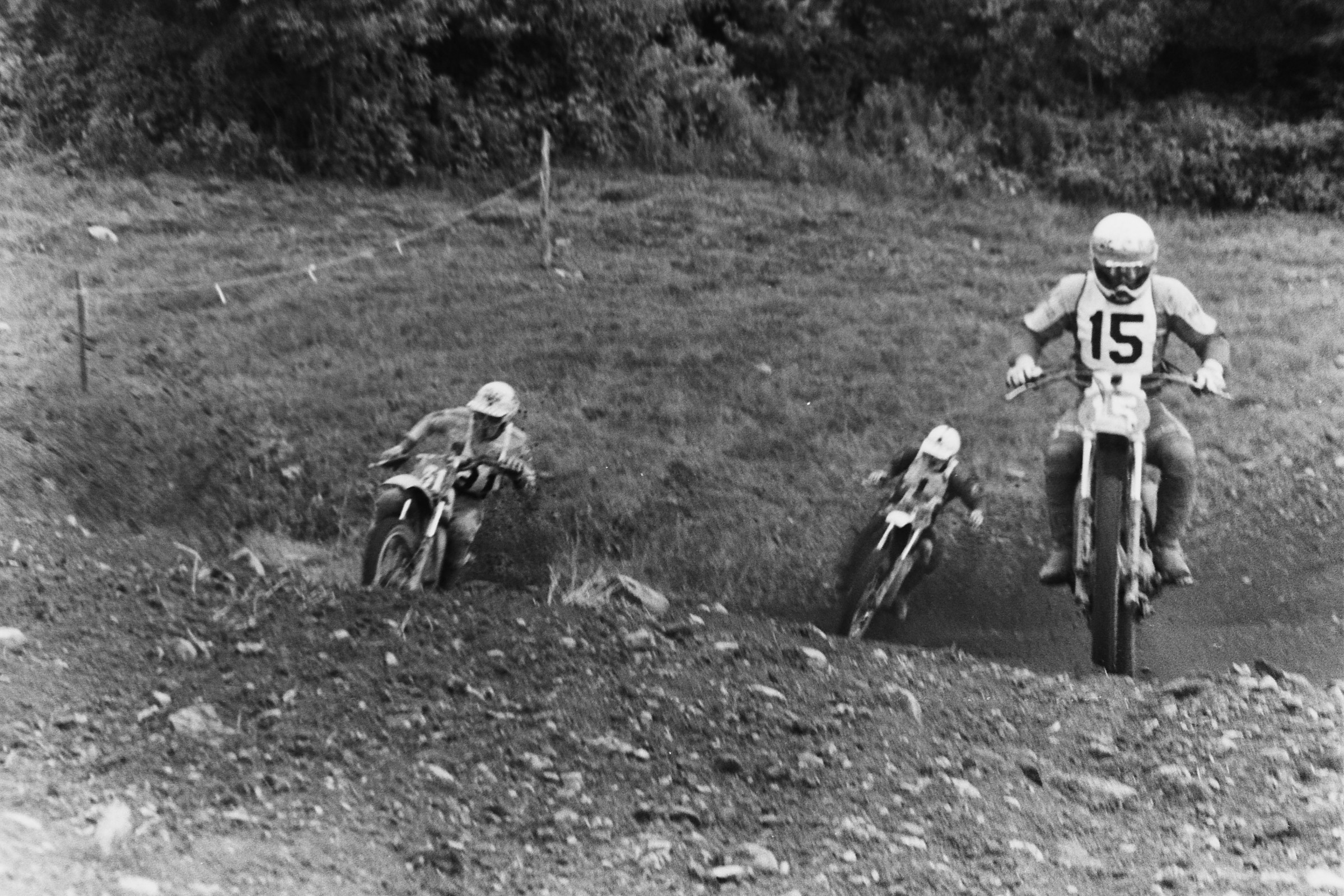 English Maico rider Neil Hudson (15) leads Pennsylvania Yamaha rider John Savitski (31) and 250cc World Champion Gennady Moiseev at the bottom of Screw-U.