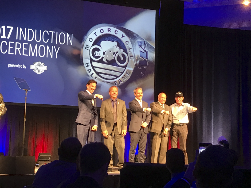 The five members in the 2017 AMA Motorcycle Hall of Fame: Donnie Emler Sr., Ed Lojak Sr., Bob Moore, Peter Starr and John Ulrich.
