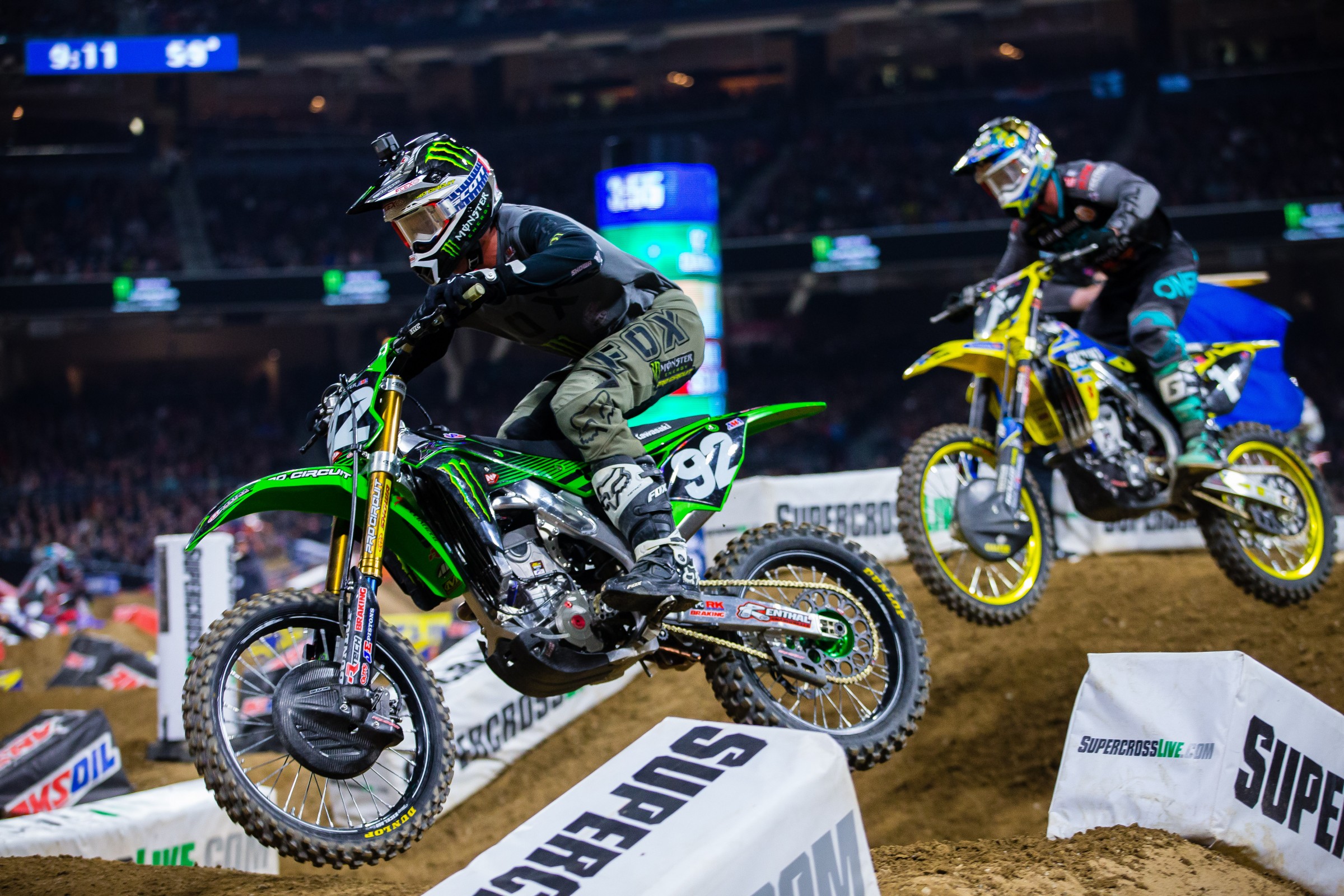 Adam Cianciarulo (92) battled for the win with Justin Hill on Saturday.