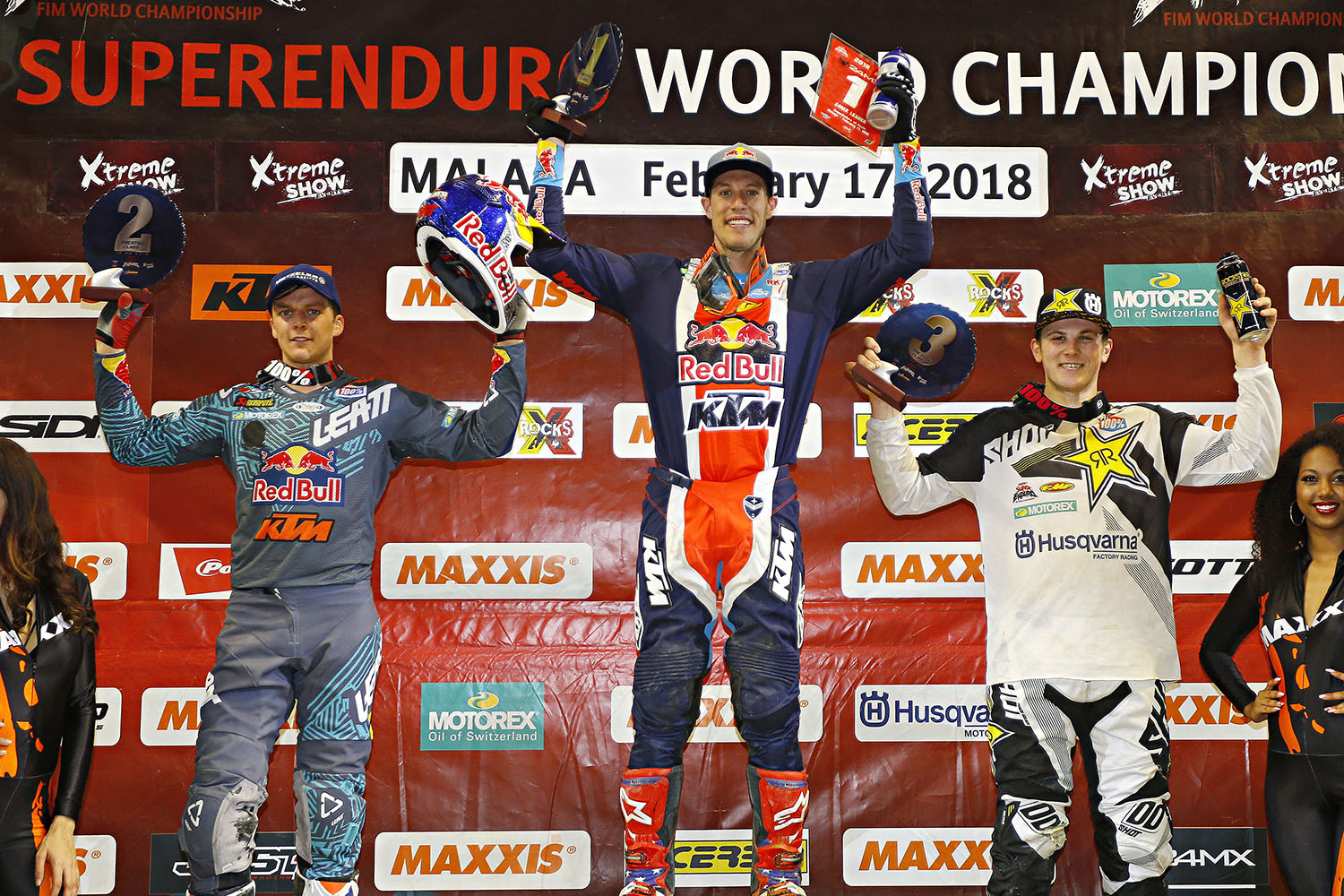 Cody Webb (center) topped the podium on Saturday, followed by Jonny Walker (left) and Billy Bolt.