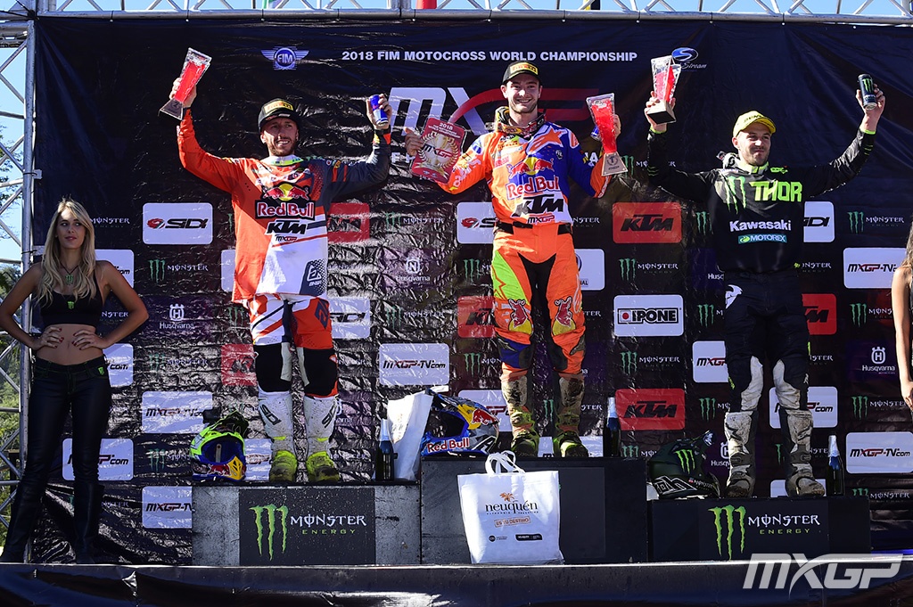 Jeffrey Herlings (center) took the first MXGP class win of 2018 in Argentina.