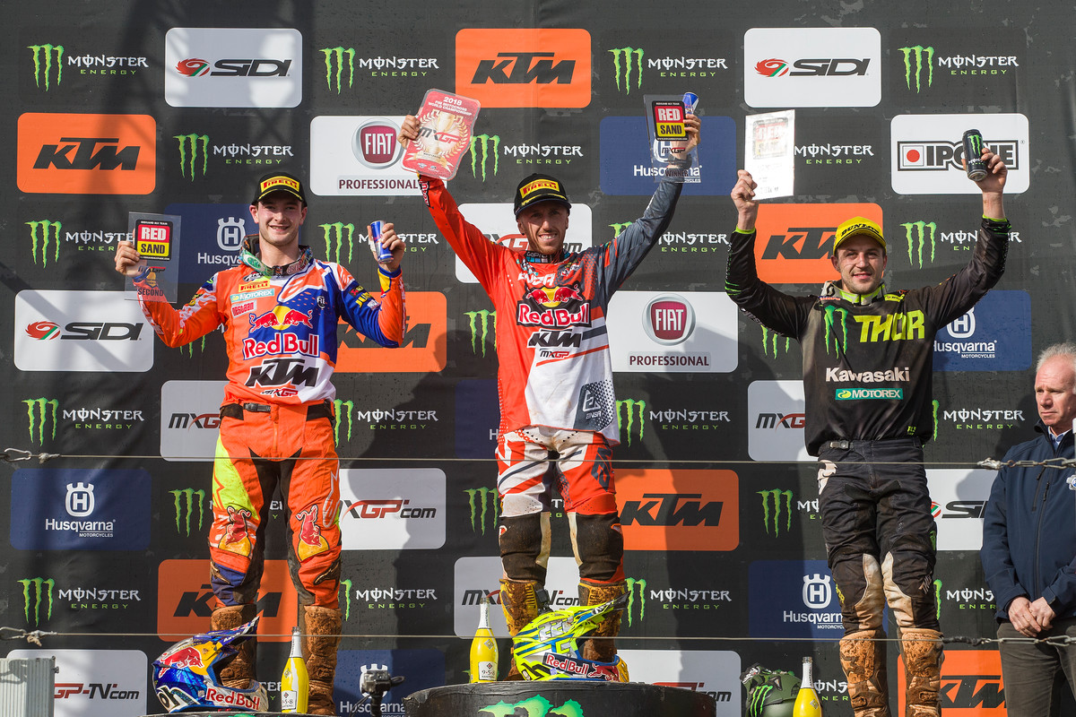 Cairoli (center) took his first win of the season, with Herlings (left) and Desalle rounding out the podium.