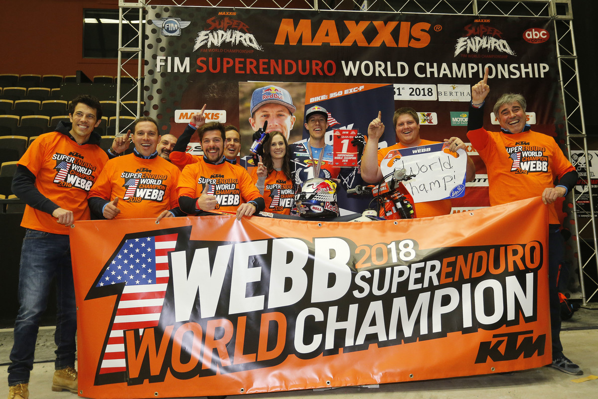 Cody Webb (center) is the 2018 FIM SuperEnduro World Champion.