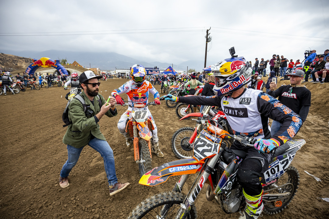 (L-R) Toby Price and Robbie Maddison compete in a team race at Red Bull Day In The Dirt At Glen Helen Raceway in San Bernardino, California, USA on 24 November, 2018.