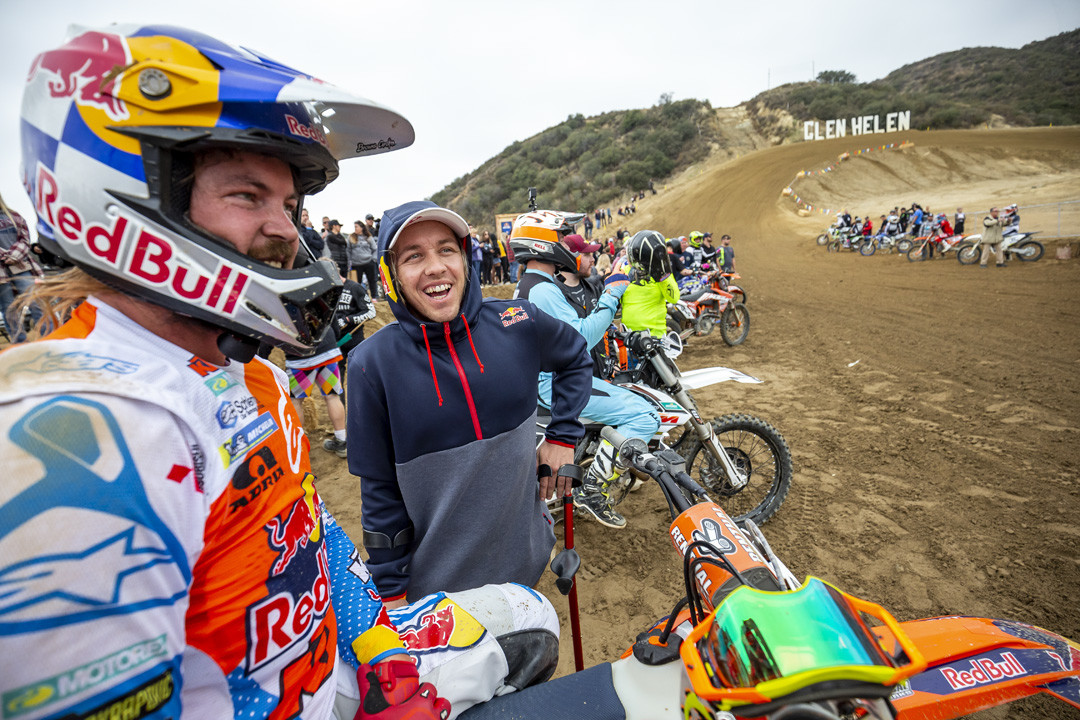 (L-R) Toby Price and Tyler Bereman converse during a team race at Red Bull Day In The Dirt At Glen Helen Raceway in San Bernardino, California, USA on 24 November, 2018.