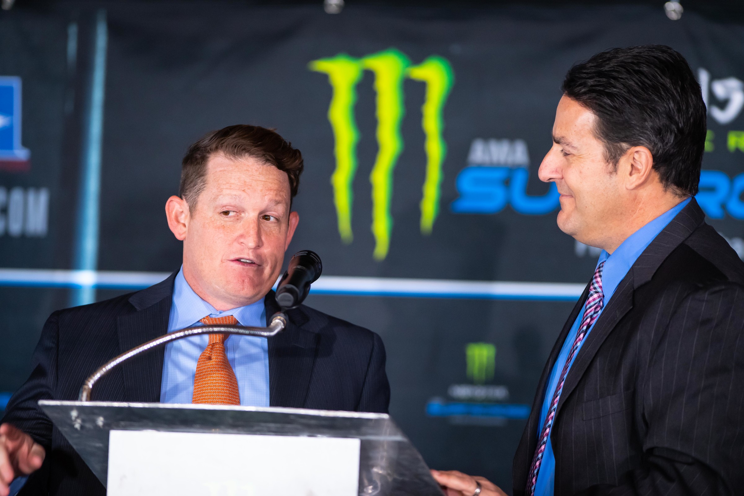 Ricky Carmichael, who will serve as the color analyst for the 2019 Monster Energy AMA Supercross, speaks at the press conference. 
