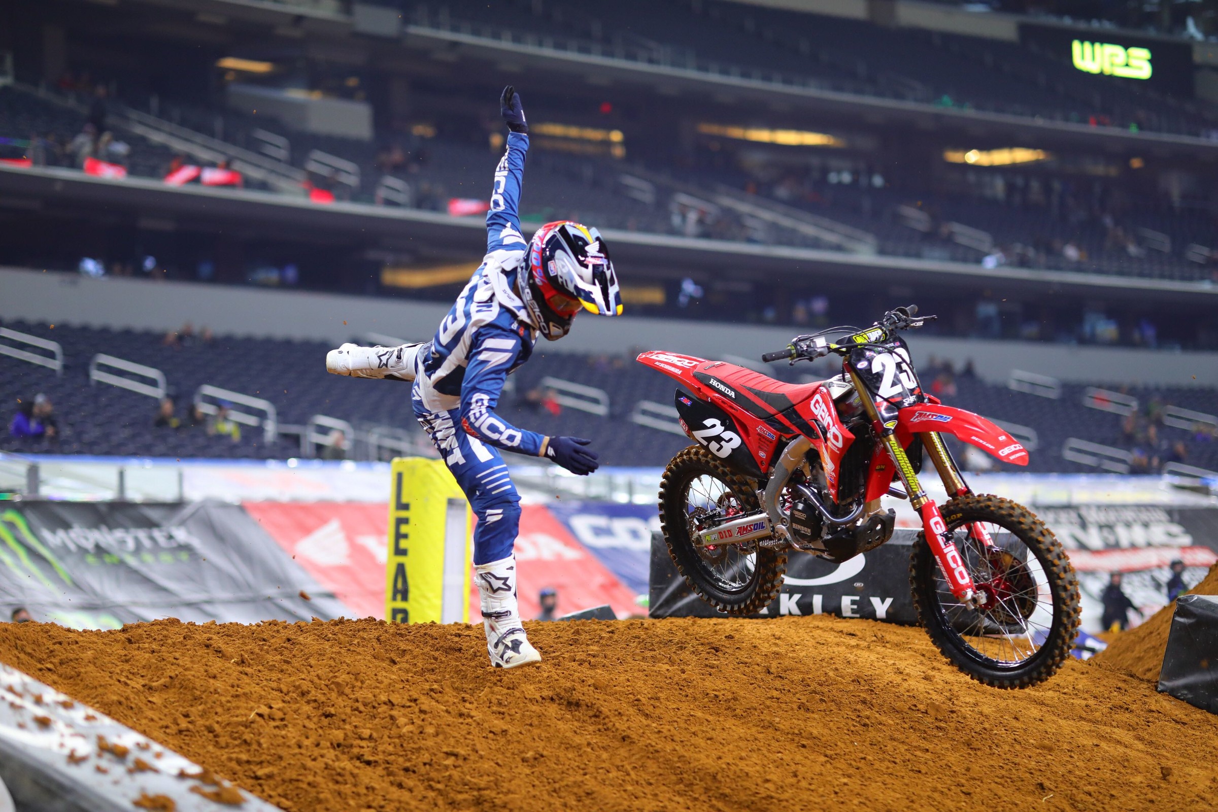 Chase Sexton gracefully shows how difficult the rutted Arlington track can be.