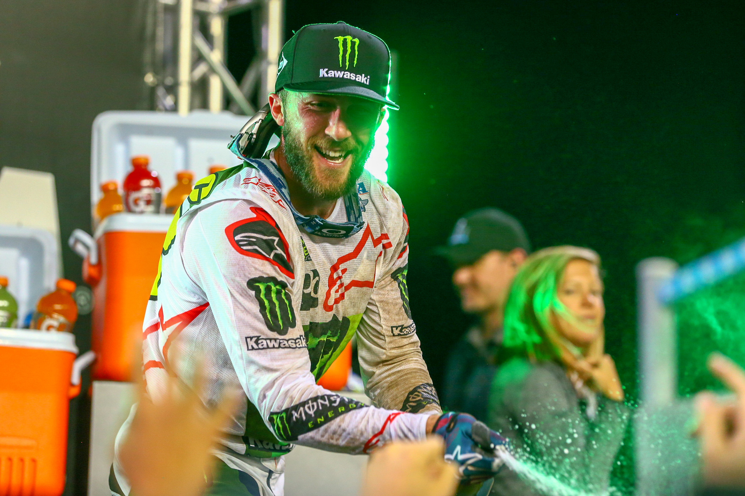 Eli Tomac celebrates his win at the 2019 Daytona Supercross with the fans.