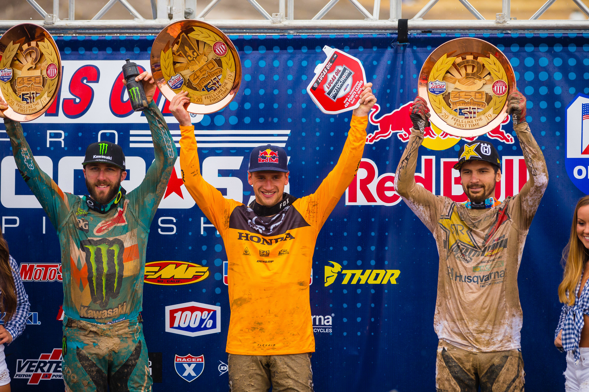 The 2019 Bell Helmets Hangtown Motocross Classic 450 Class overall podium.