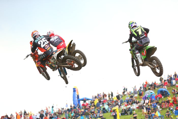 After getting fresh goggles Tomac got back on the track right behind Marvin Musquin and Justin Hill.