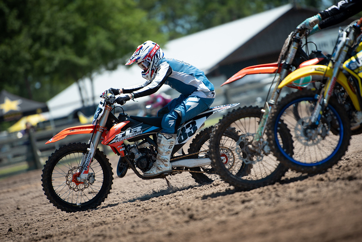 Ethan Lane bolts to the front at the start of the 125 B/C (2-Stroke Only) race.