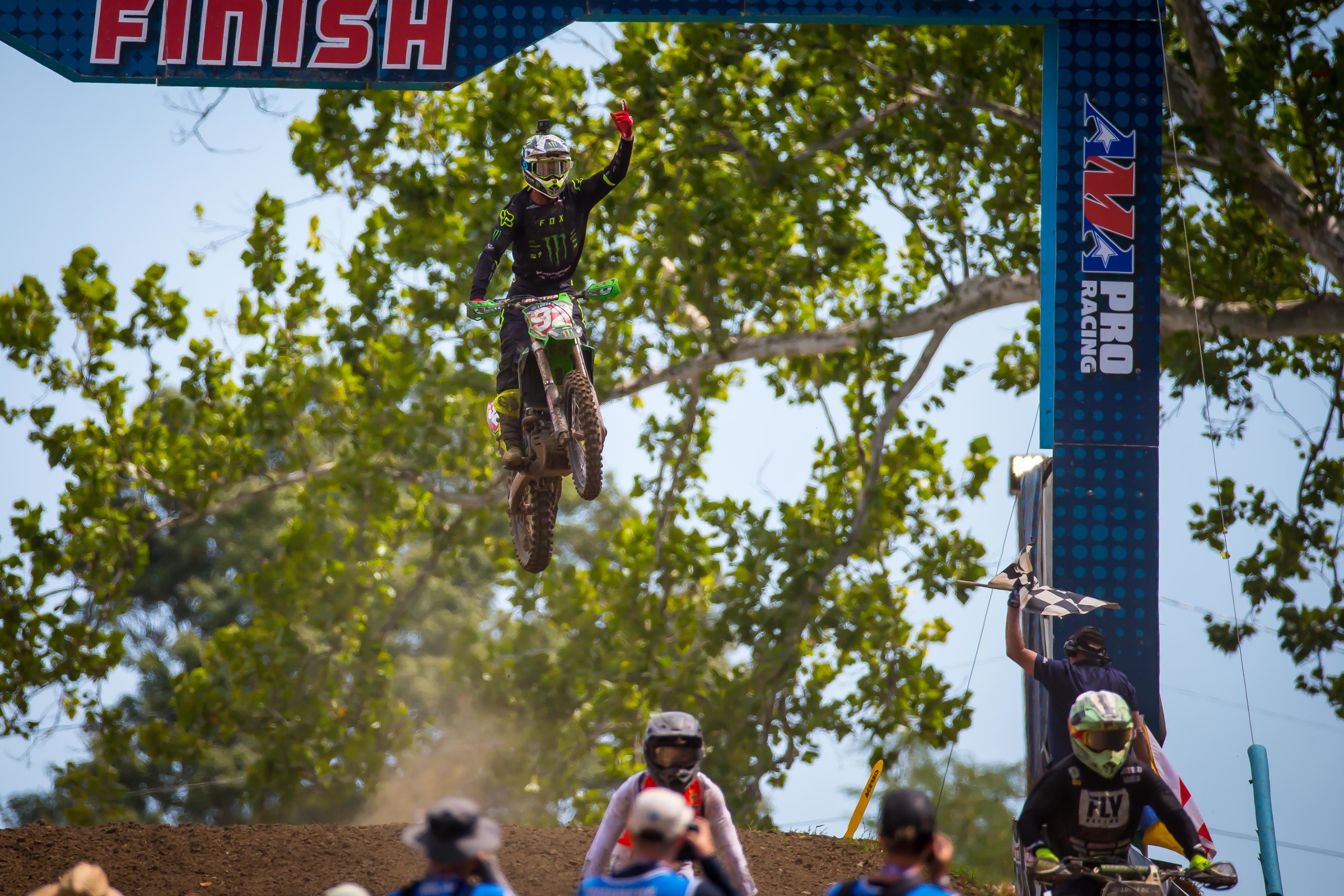 Ciancairulo crossing the finish line at the end of the second moto.