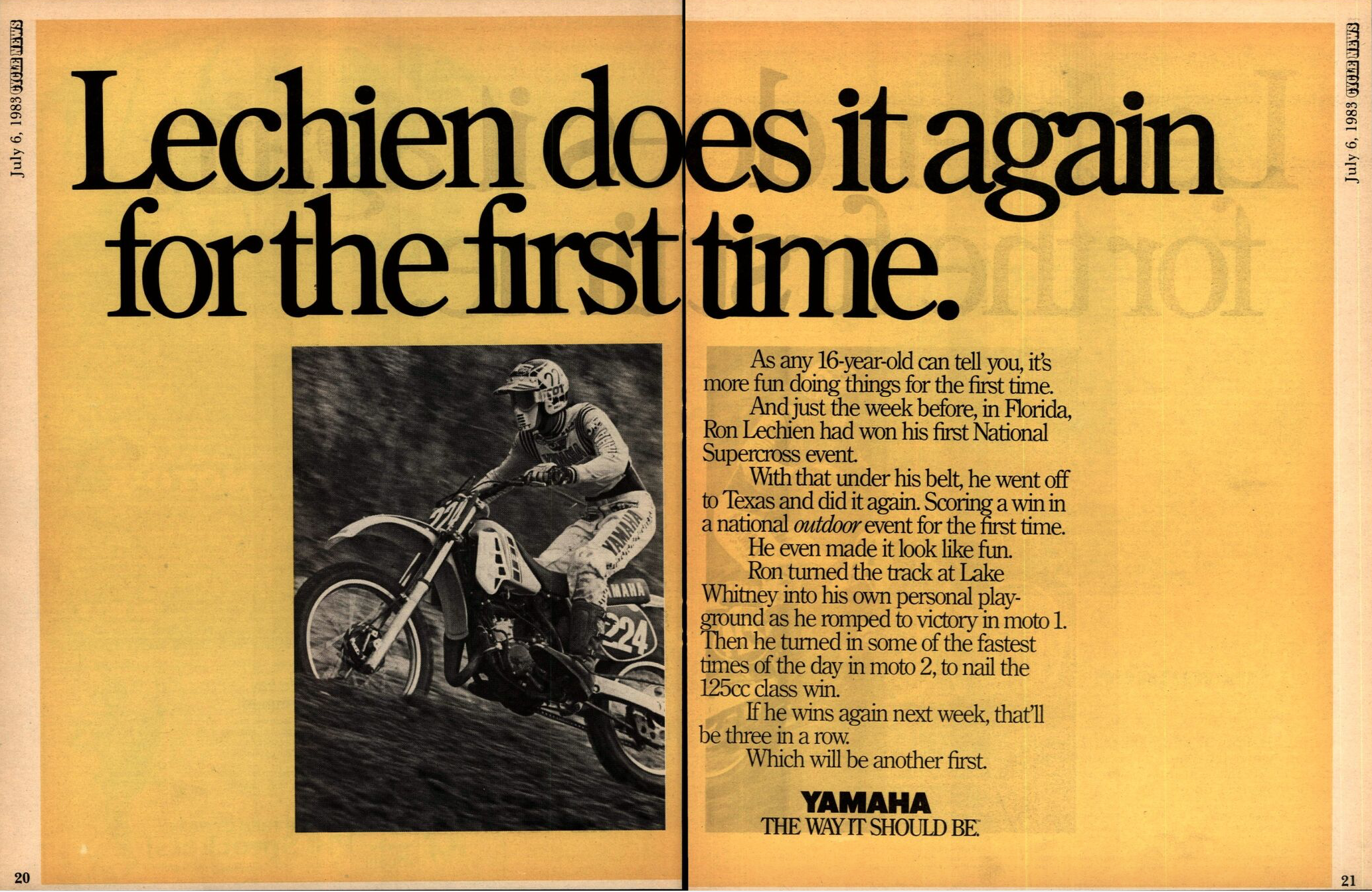 Lechien's first 125 National win ad from the 1983 Lake Whitney 125 National.