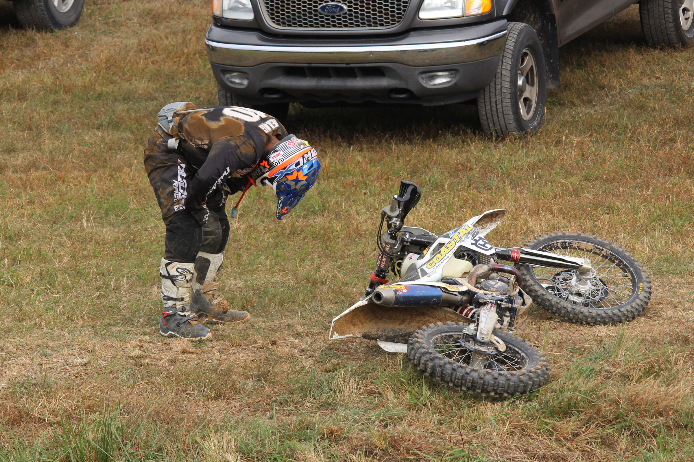 DeLong in the parking lot after they couldn't get his bike started. Moments later he went further down the parking lot but managed to get it started.