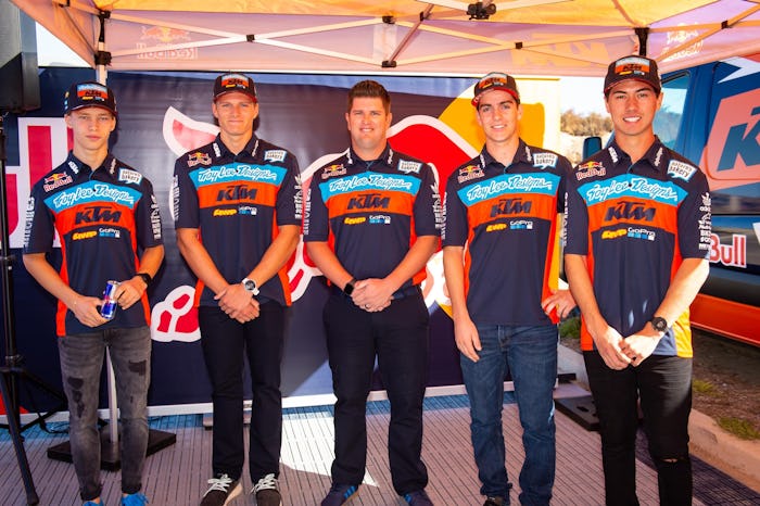 Troy Lee Designs/Red Bull KTM's Brian Moreau, Brandon Hartranft, team manager Tyler Keefe, Derek Drake, and Pierce Brown.