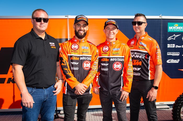 Rocky Mountain ATV/MC-KTM-WPS riders Justin Bogle and Blake Baggett with team owner Forrest Butler (left) and team manager Michael Byrne (right).