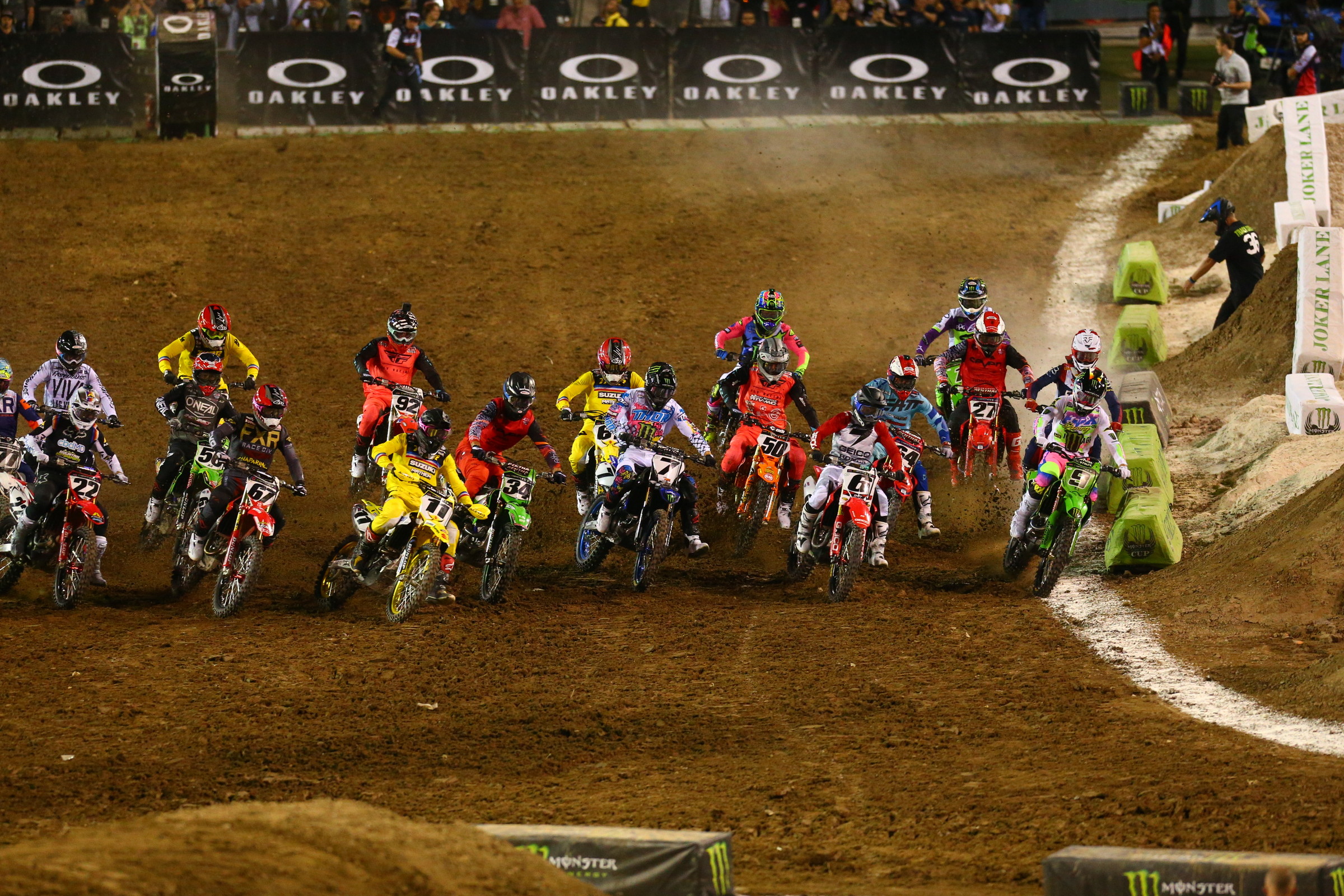 The Cup class going left in the first turn of main event one.