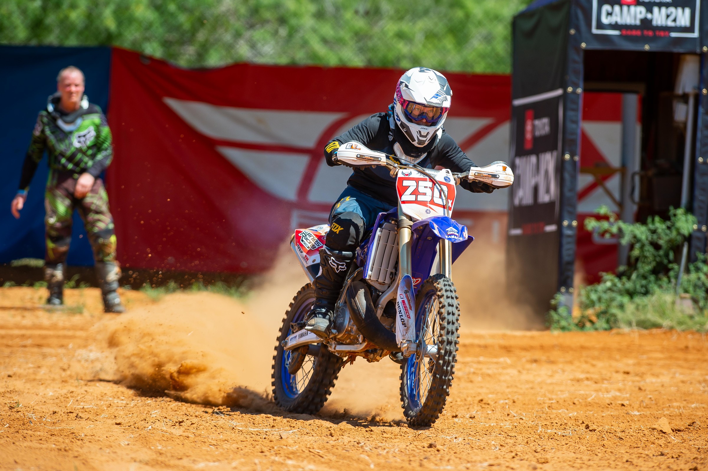 Melanie grabbing a handful of throttle on the starting straight.