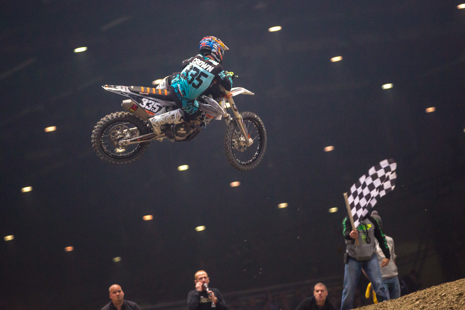 Crown taking the checkered flag Saturday night.