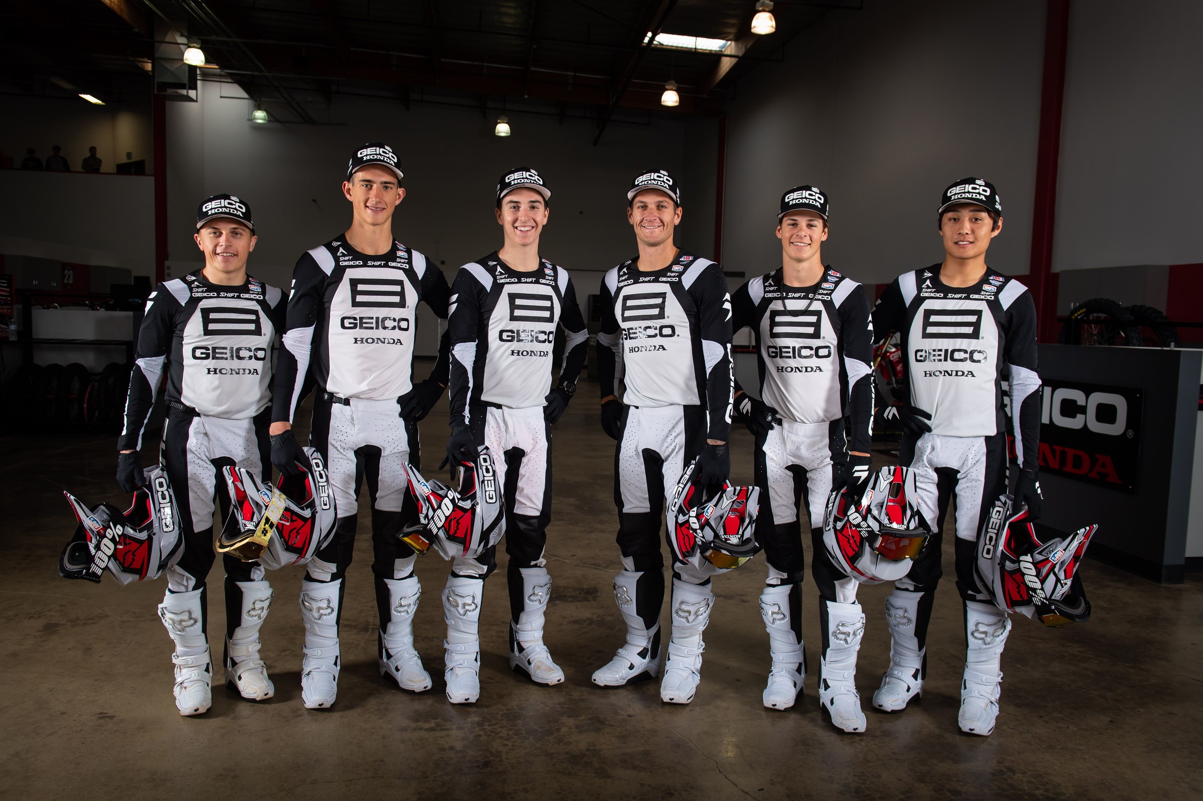 The 2020 GEICO Honda team (left to right): Jeremy Martin, Chase Sexton, Hunter Lawrence, Christian Craig, Jett Lawrence, and Jo Shimoda.