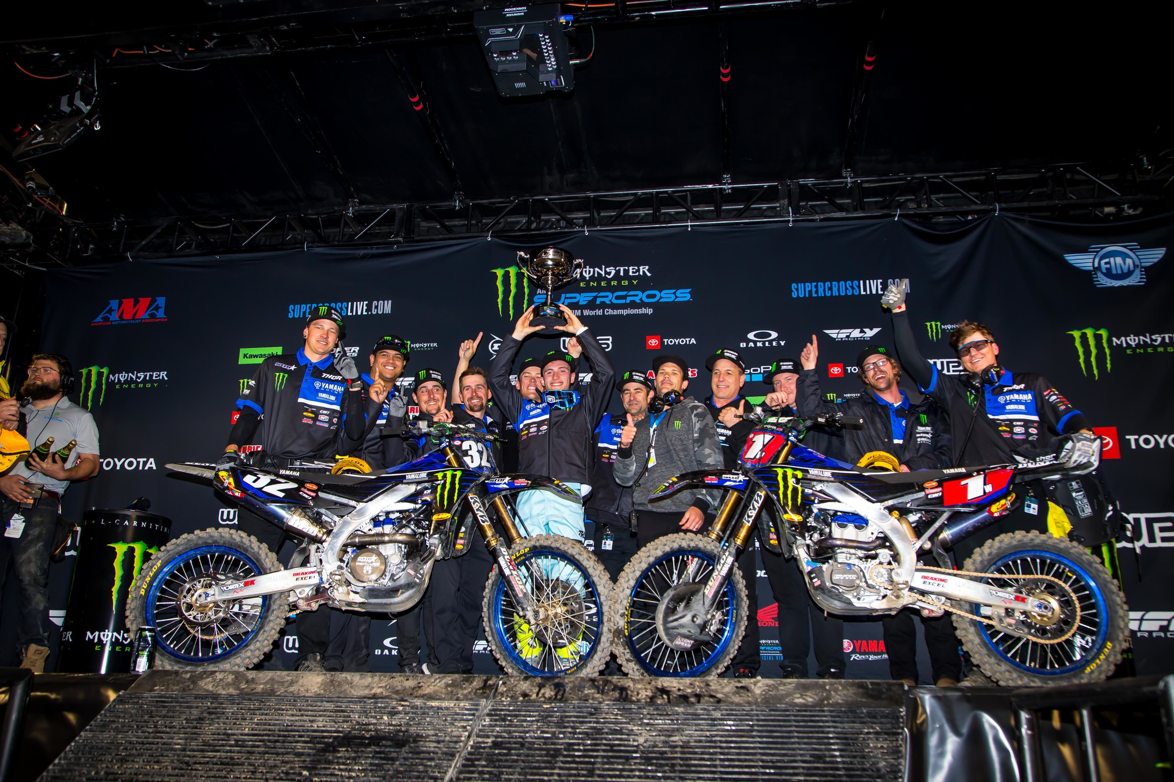 Justin Cooper and the Monster Energy/Star Racing Yamaha crew celebrating.