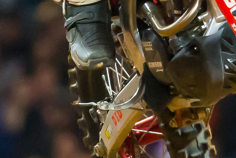 A close up of Lawrence's brake pedal after clipping a Tuff Block.