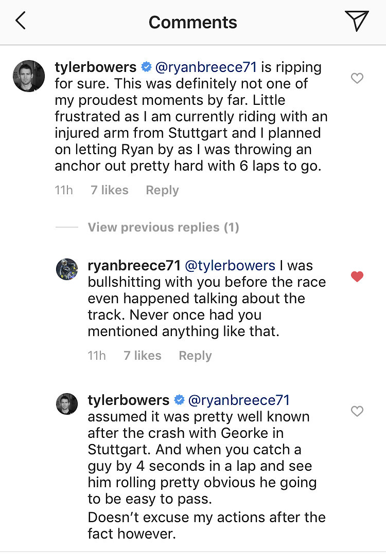 Bowers and Breece had this exchange on Instagram after some on-track conflict in Chemnitz.