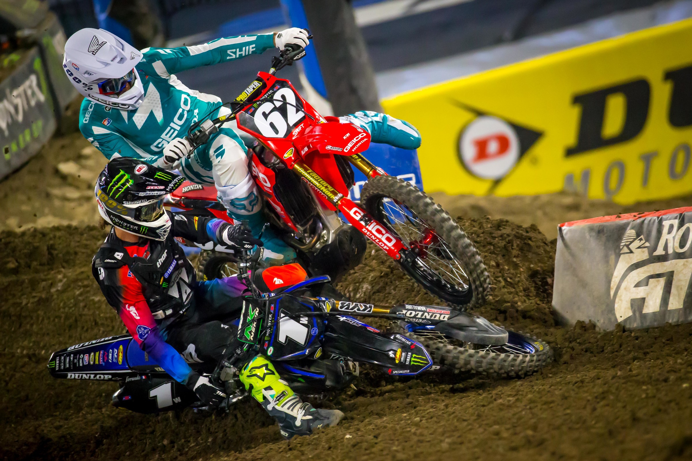 Craig's night ended right here, Ferrandis picked up his bike and went on to take the win.