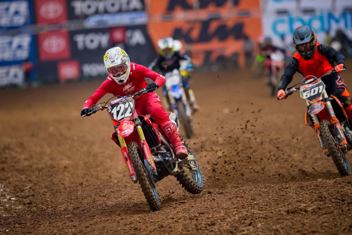 Honda rider Carson Mumford leads from the gate drop to take the win in the 250 Futures Class.
