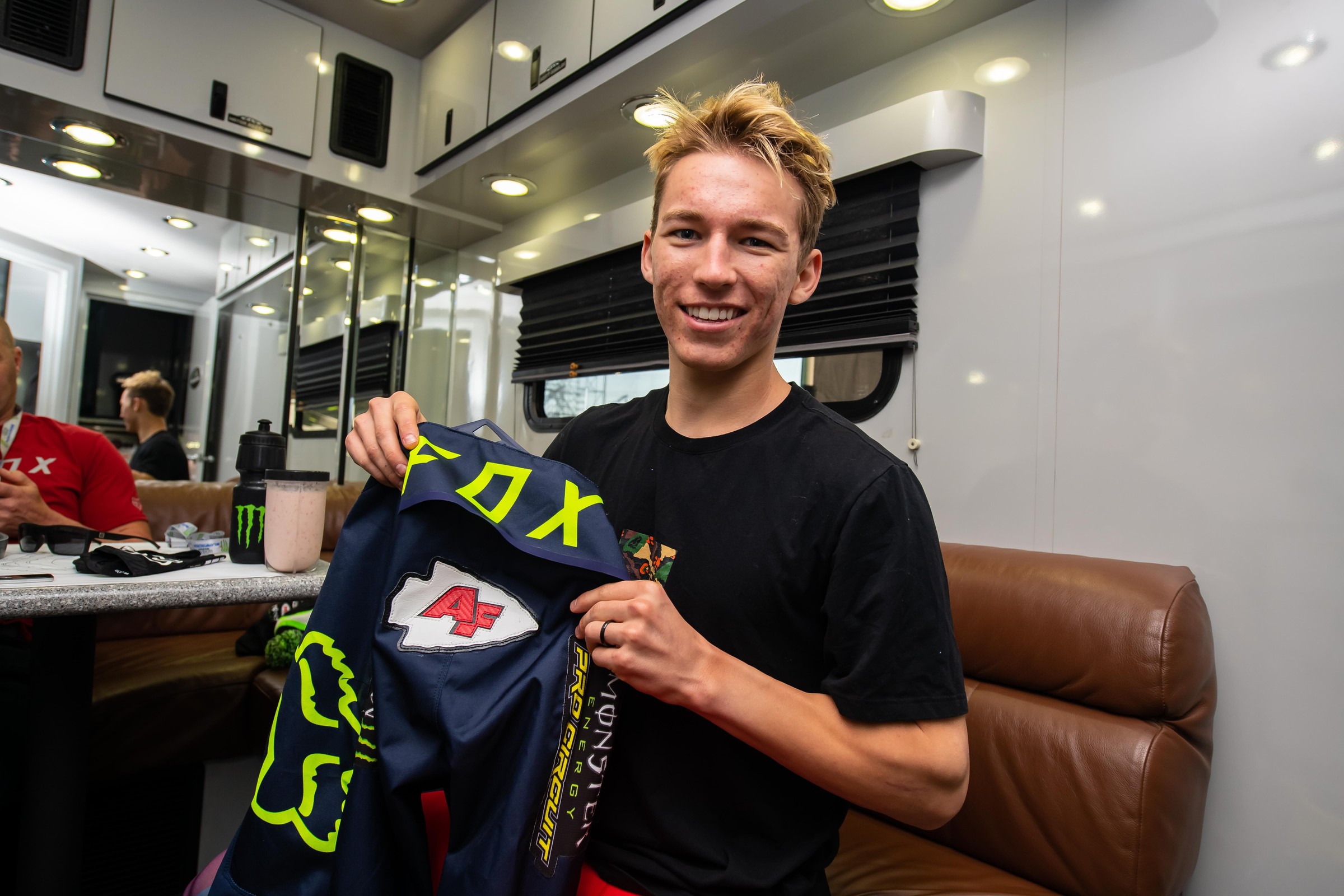 Austin Forkner showing who he's rooting for in tomorrow's Superbowl.