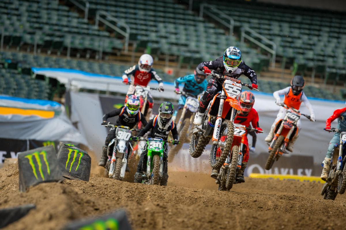 Austin Black (#55 on KTM) leads the 250 Futures Class through the whoops in Oakland.