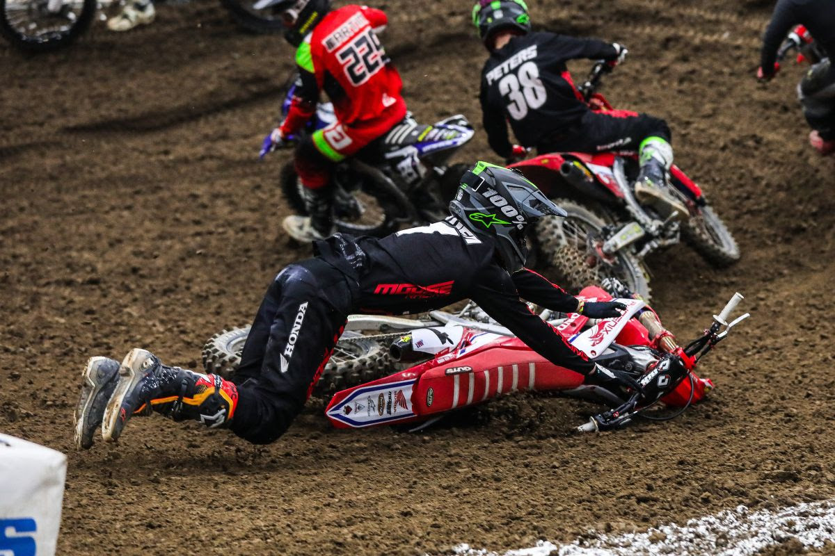 Phoenix Racing Team Honda Rider, Jace Owen, crashes during round nine 250 Pro Sport Main.