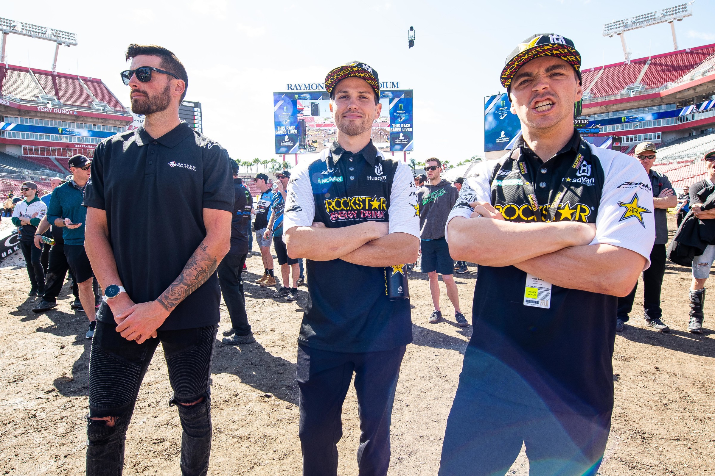 Seth Rarick, RJ Hampshire, and Wakco Zacho Osborne before the Tampa Supercross. Rarick is a trainer at the Baker's Factory in Clermont, Florida, where Hampshire and Osborne (amongst other factory Husqvarna and KTM riders) train.