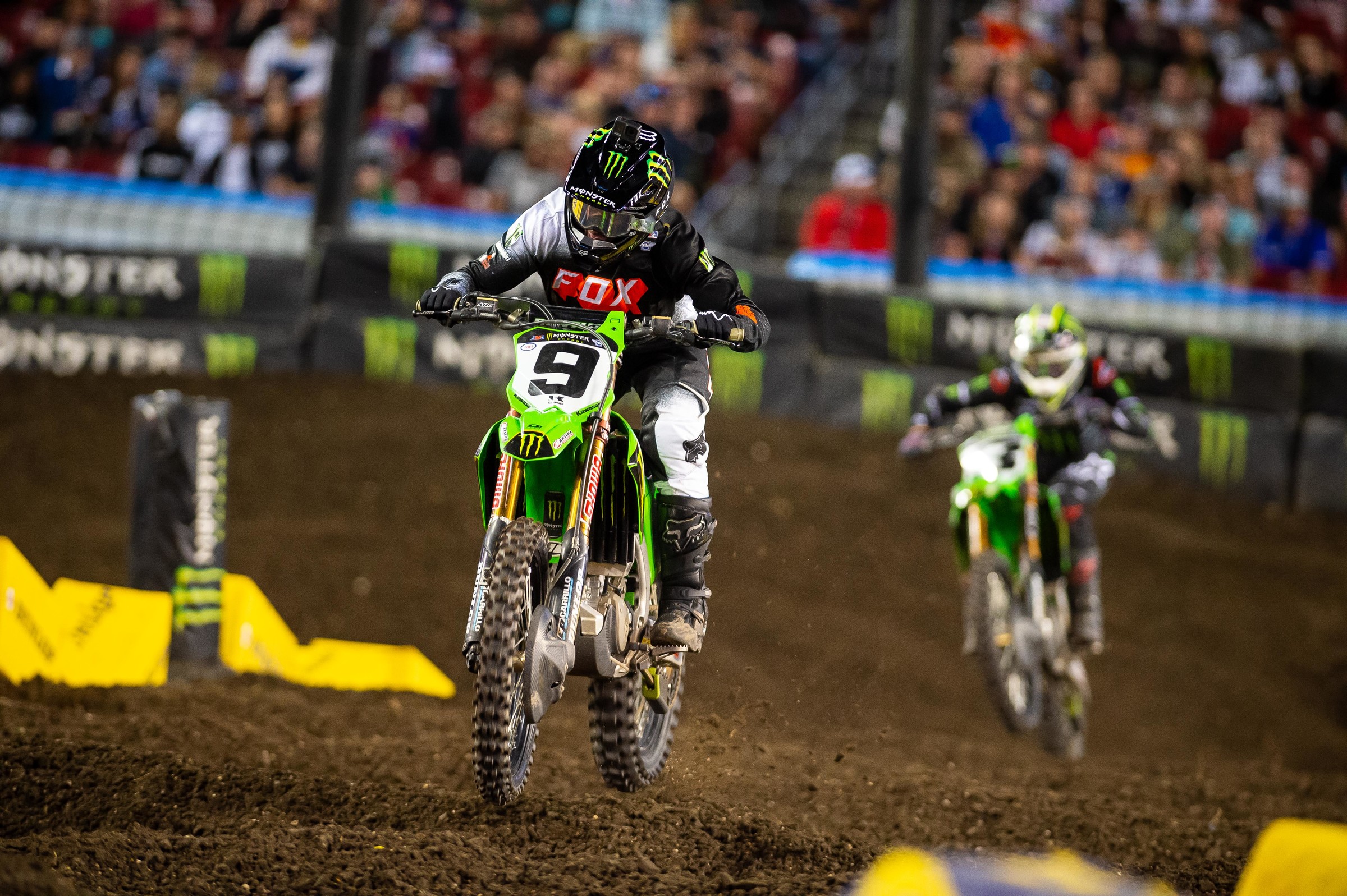 Cianciarulo leading Tomac through the Tampa Supercross whoops in the 450SX main event. The rookie said he felt good in the whoops all night, except for one lap, when he changed his line to avoid a lapped rider. 
