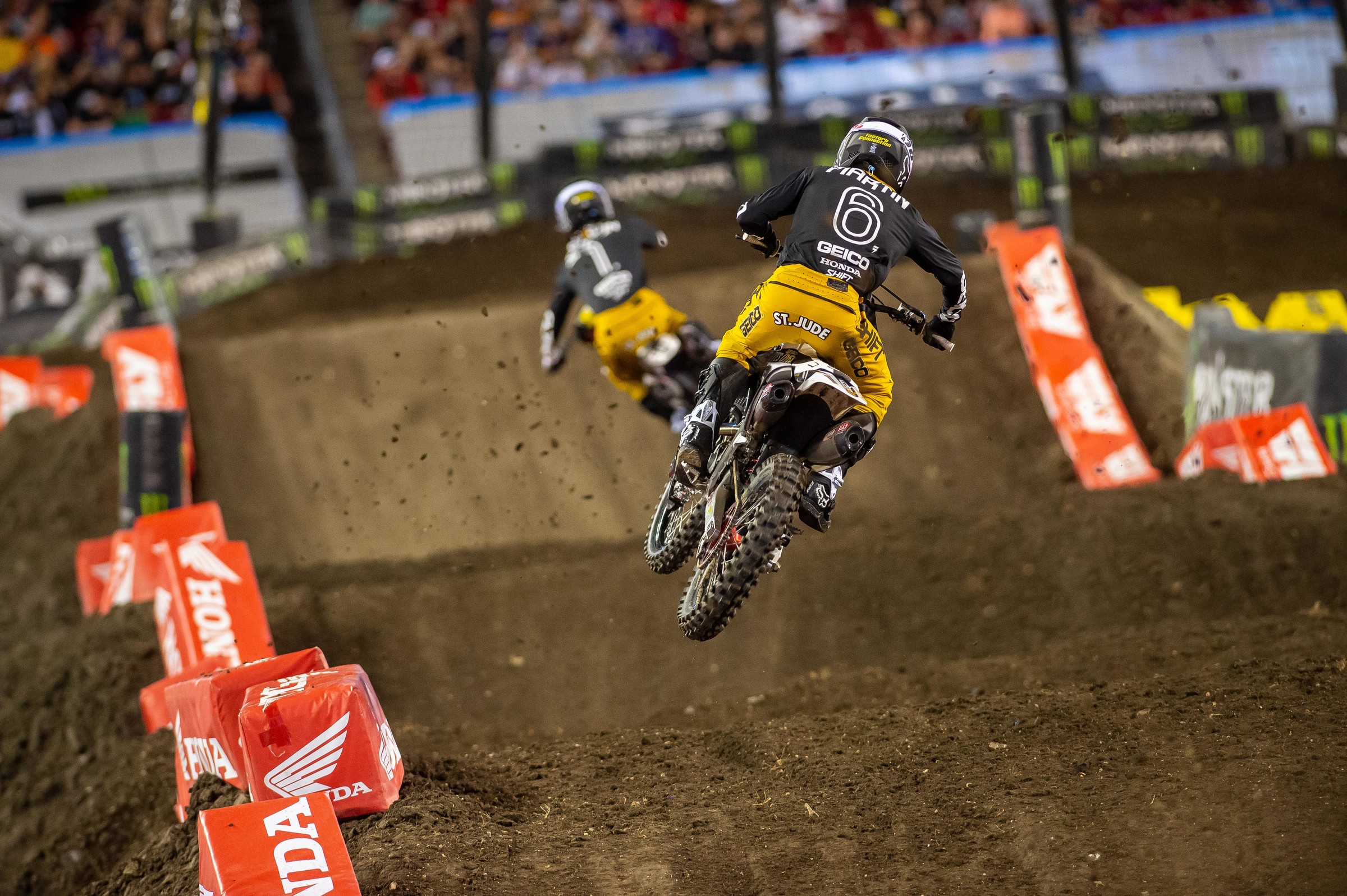 Jeremy Martin running a St. Jude butt patch.