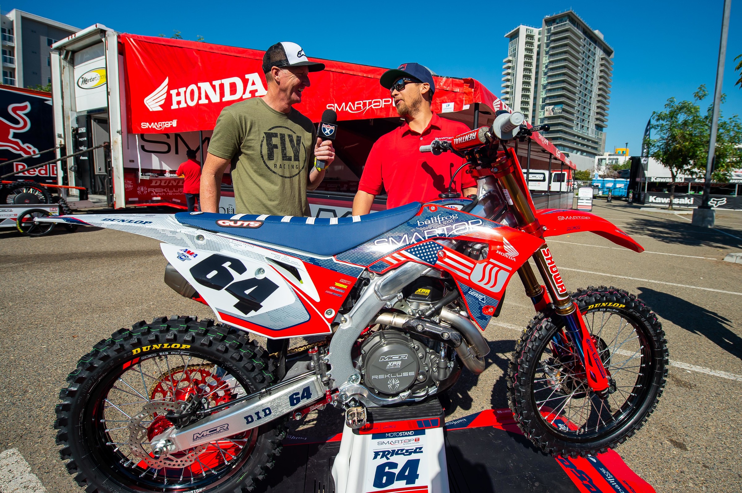 Keefer and Mrozek talking about the SmarTop/Bullfrog Spas/Motoconcepts Honda CRF450R.