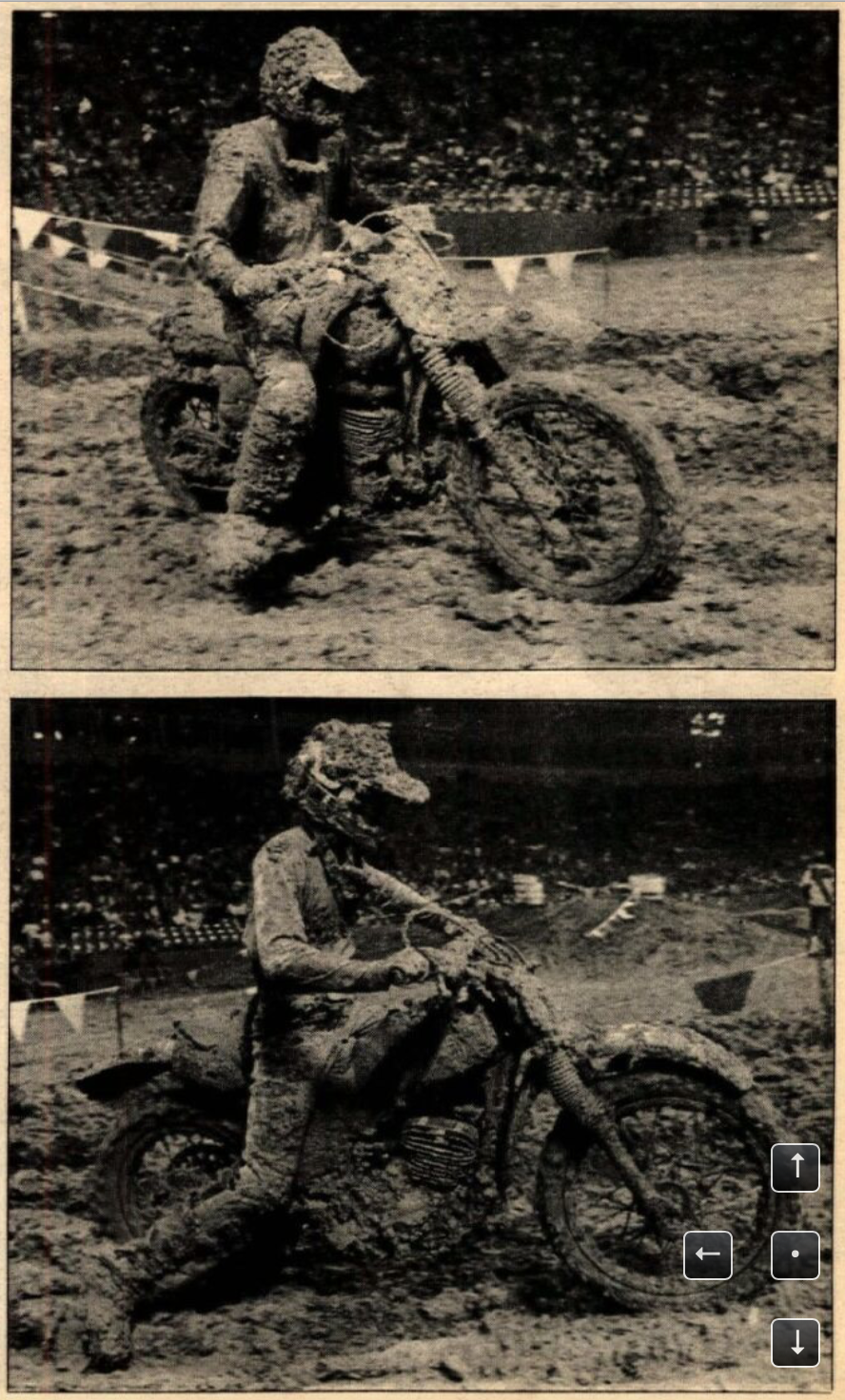 Look at how caked in mud Jim Pomeroy (top) and winner Bob Hannah (bottom) at the 1977 Dallas SX, shot by Jim 