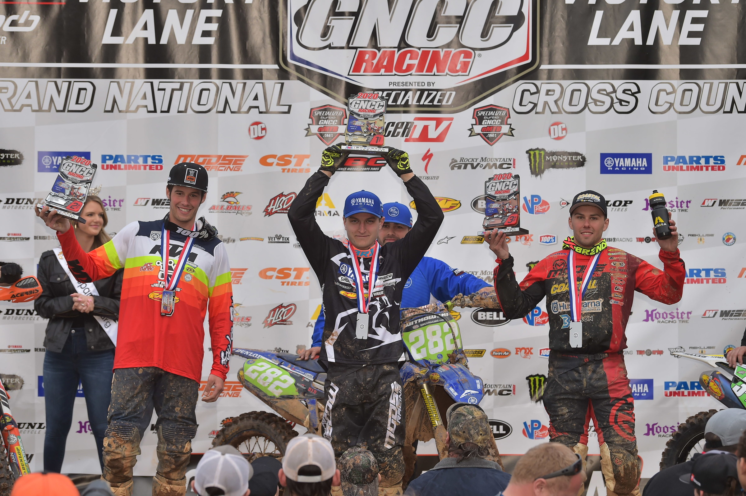 The 2020 Big Buck GNCC XC2 Pro podium: Mike Witkowski (middle) finished first, Jonathan Girroir (left) finished second, and Craig Delong (right) finished third.