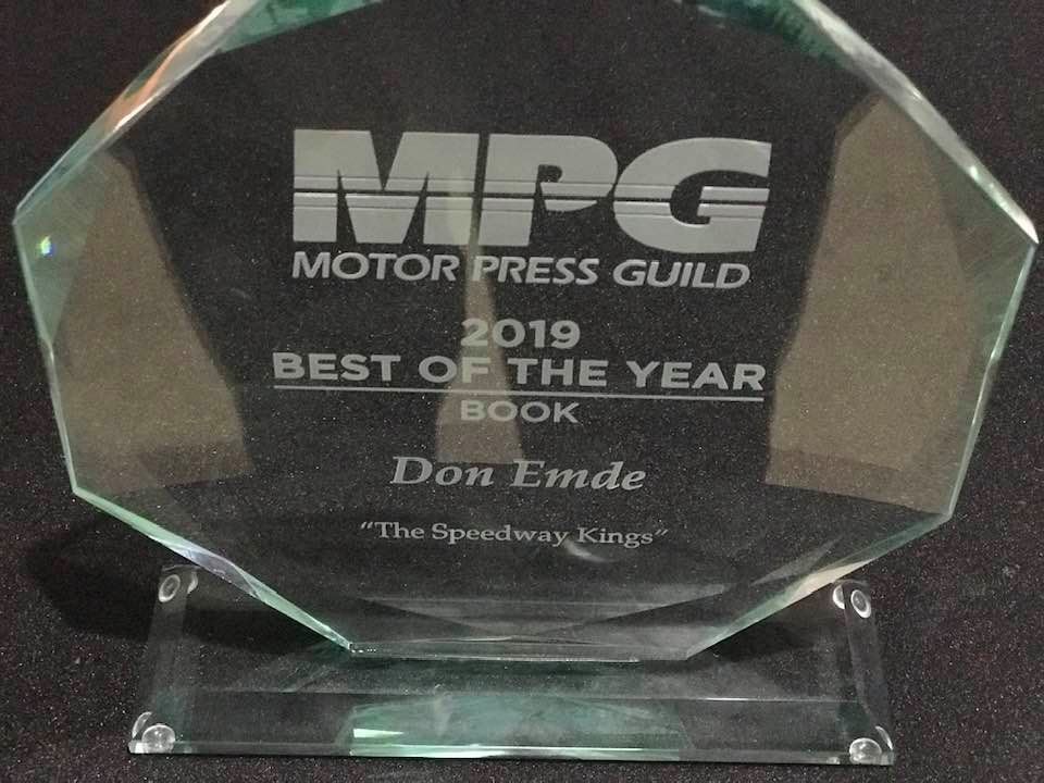 Don Emde's award for for his book Speed Kings.