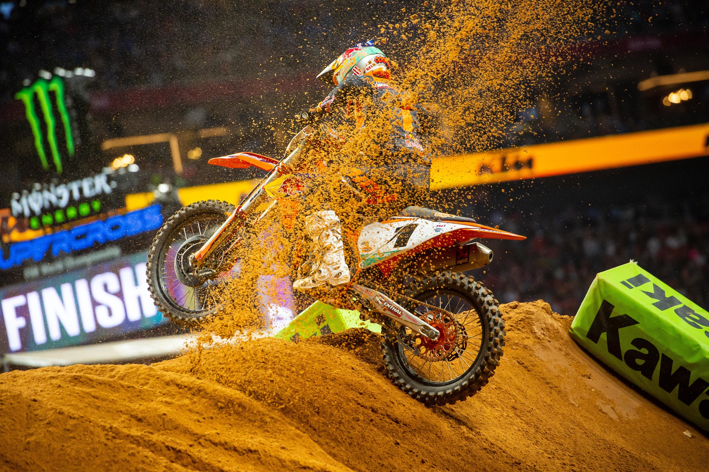 Cooper Webb eating sand in the main event.