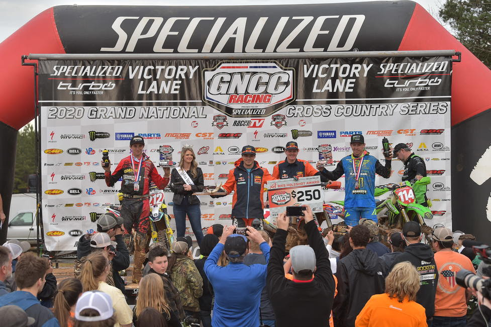 Kailub Russell (center), Ricky Russell (left) and Josh Strang (right) rounded out the season opener overall podium.