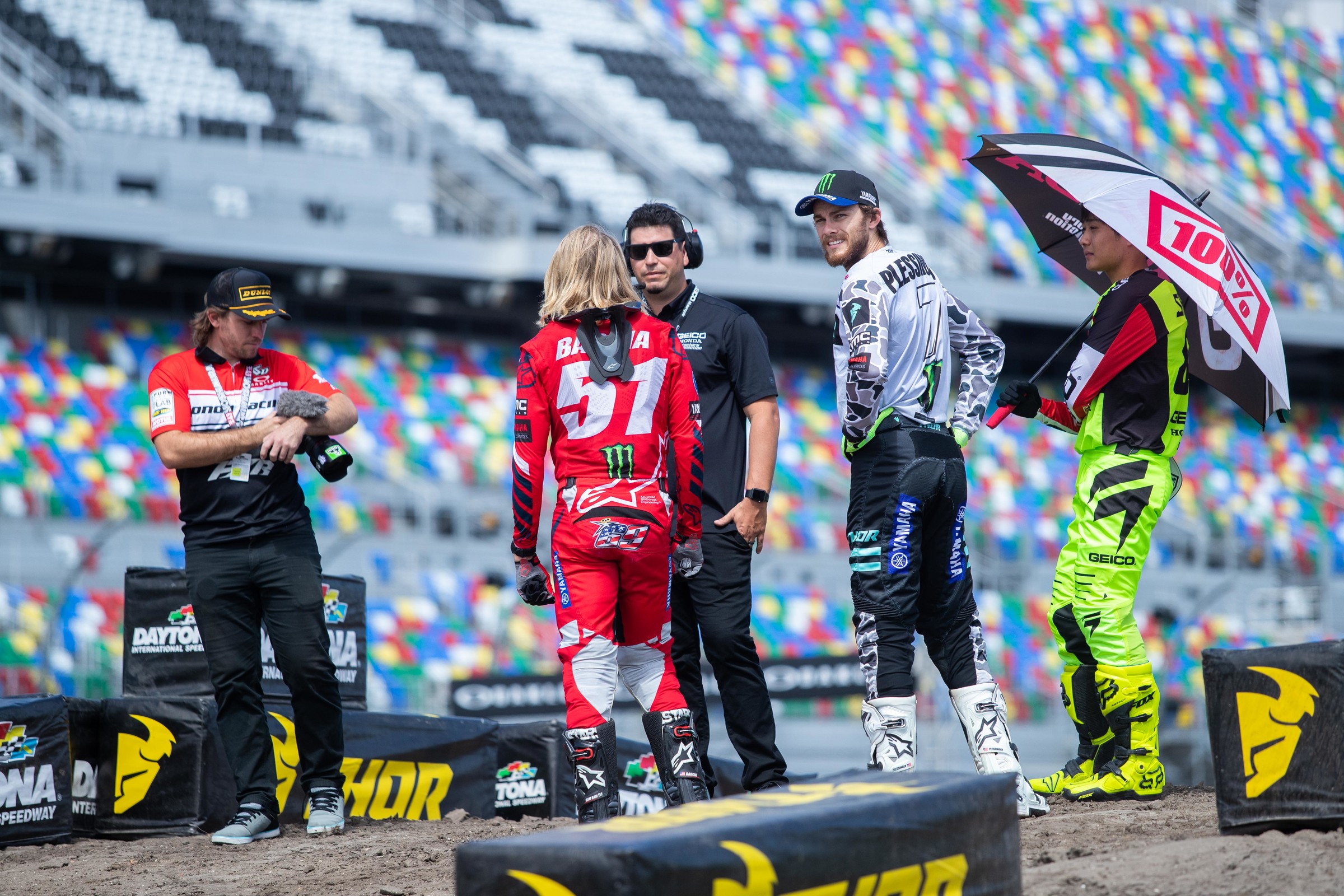 Justin Barcia bench racing on the track layout for this year's Daytona Supercross.