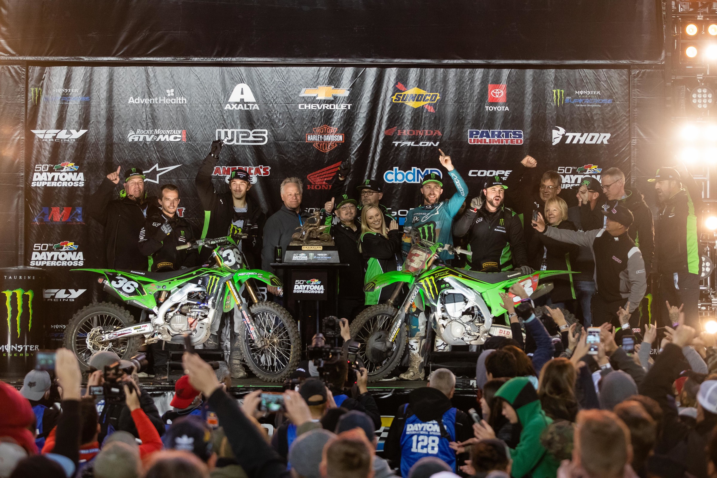 Marchbanks and Tomac celebrate their Kawasaki sweep at the 50th Daytona Supercross.