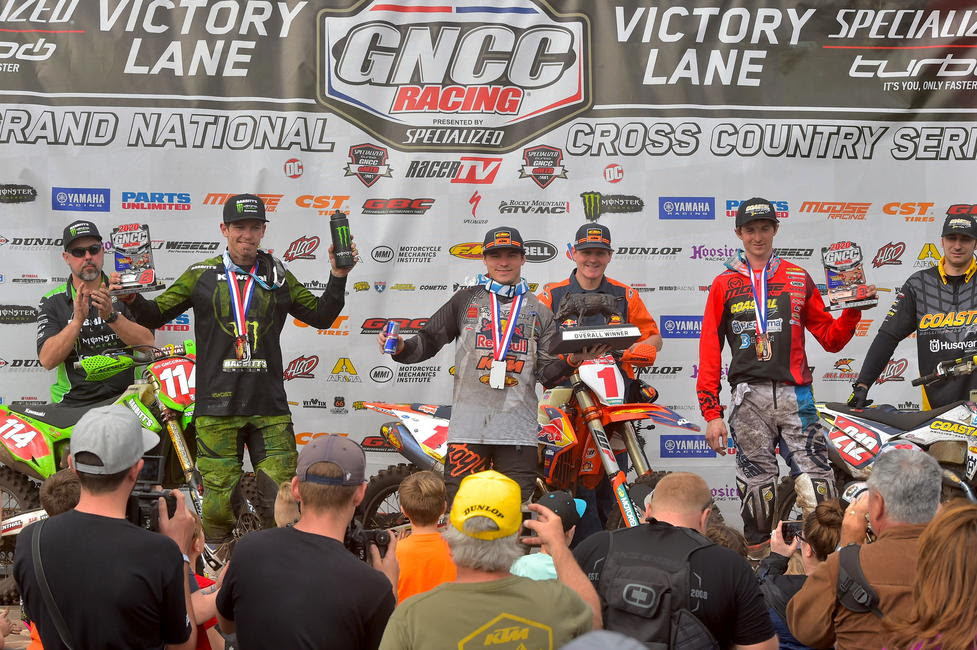 Kailub Russell (center), Josh Strang (left) and Ricky Russell (right) rounded out the top three overall at the Moose Racing Wild Boar GNCC.