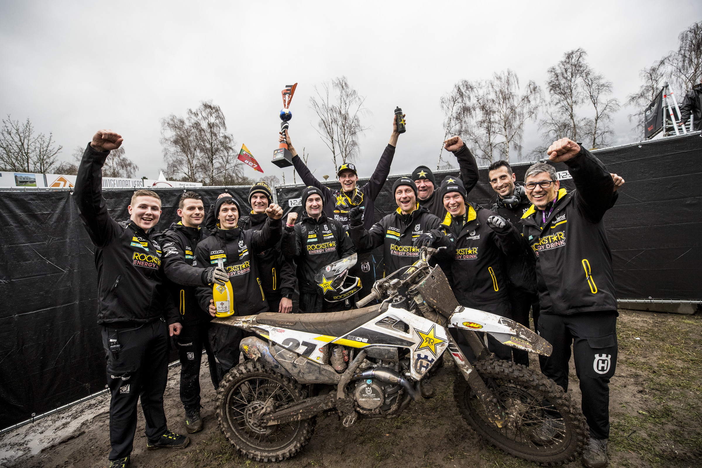 Arminas Jasikonis celebrating with the Rockstar Energy Husqvarna Racing team.