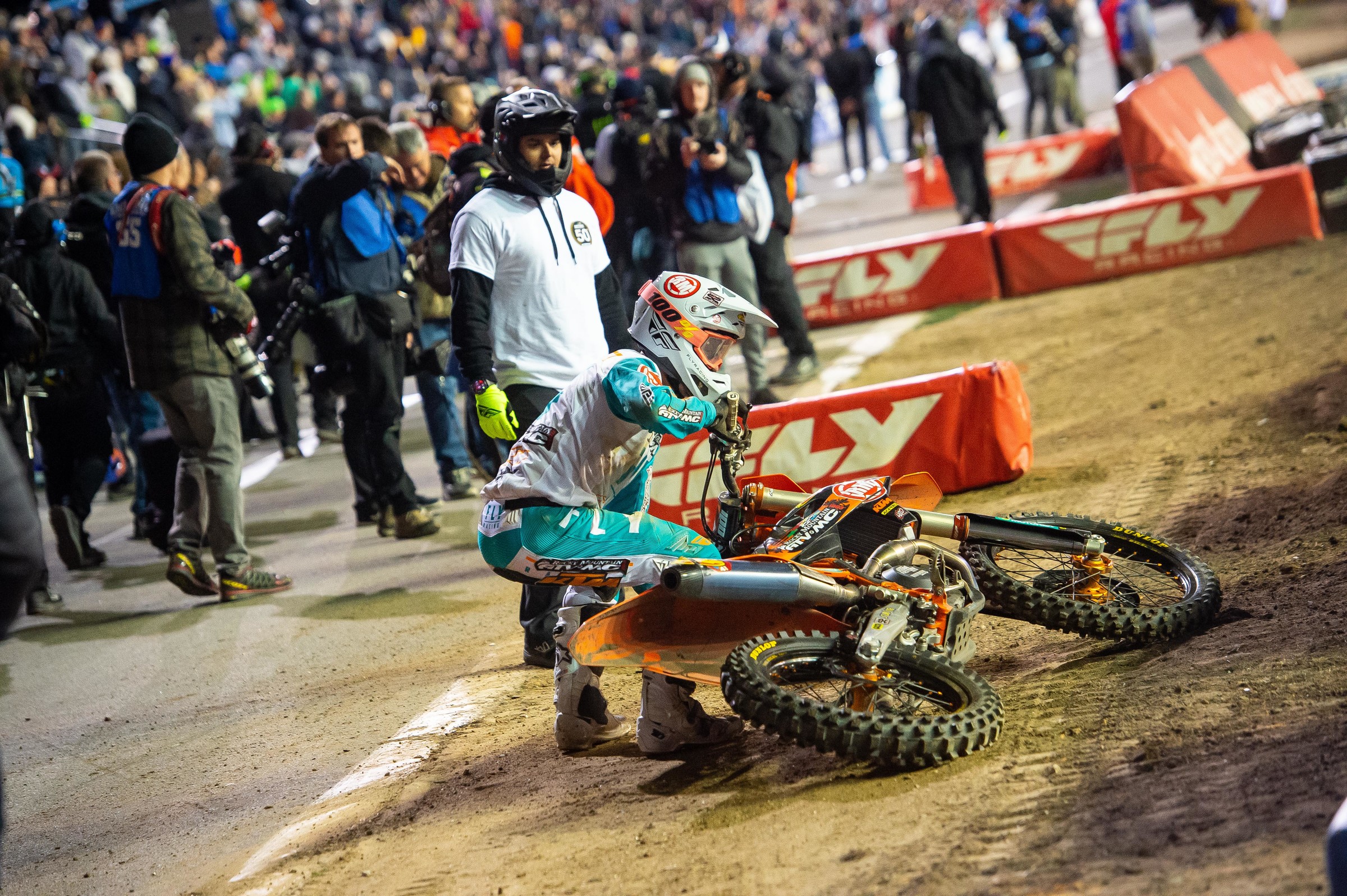 Blake Baggett went down in the second turn of the main event and would not finish.