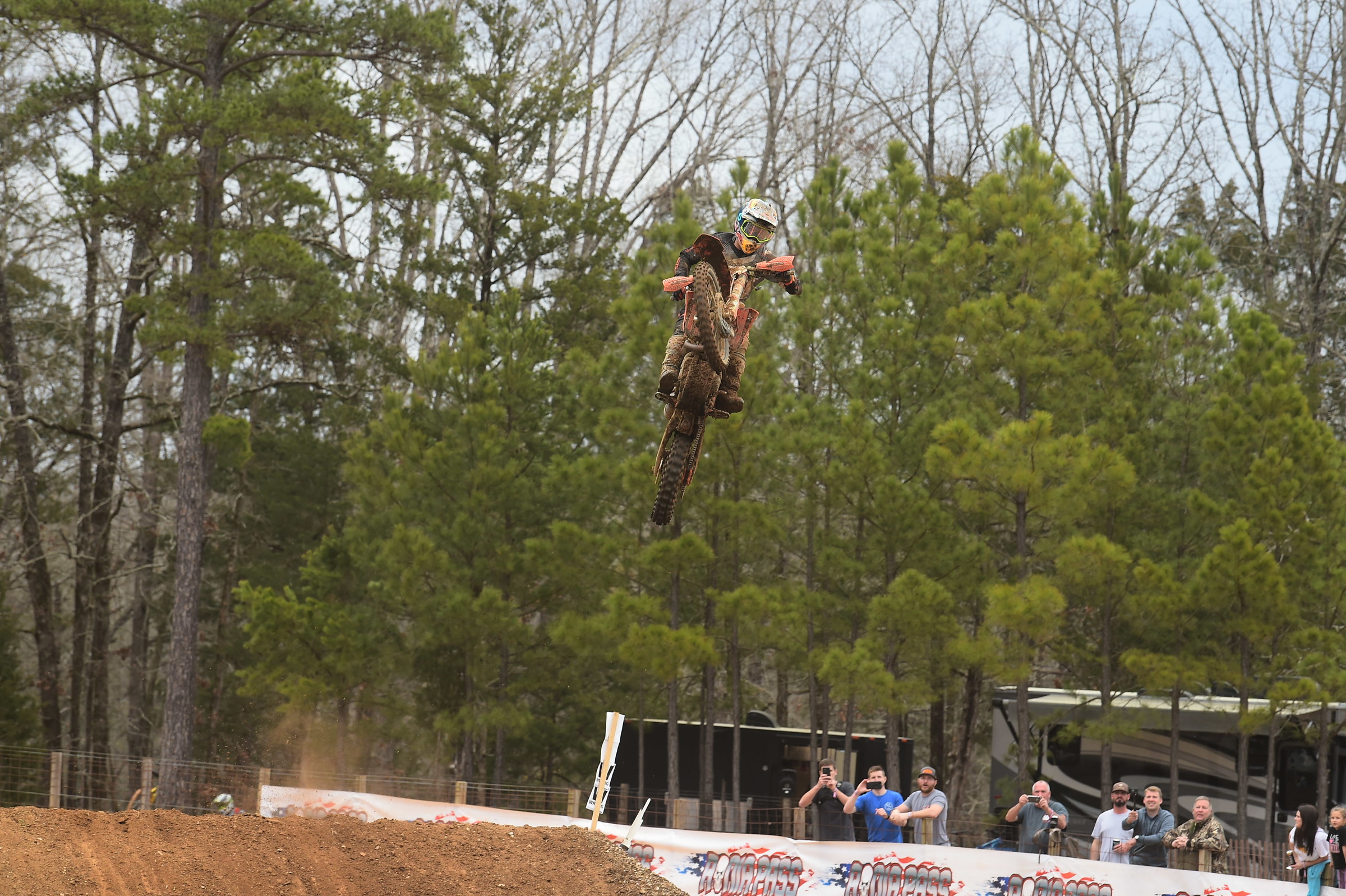 Kailub Russell sending the huge triple on the motocross track section of the General GNCC.
